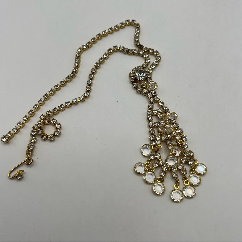 Spectacular Sparkling Crystal Dangled & Rhinestone Necklace Gold Tone Setting - Picture 8 of 8